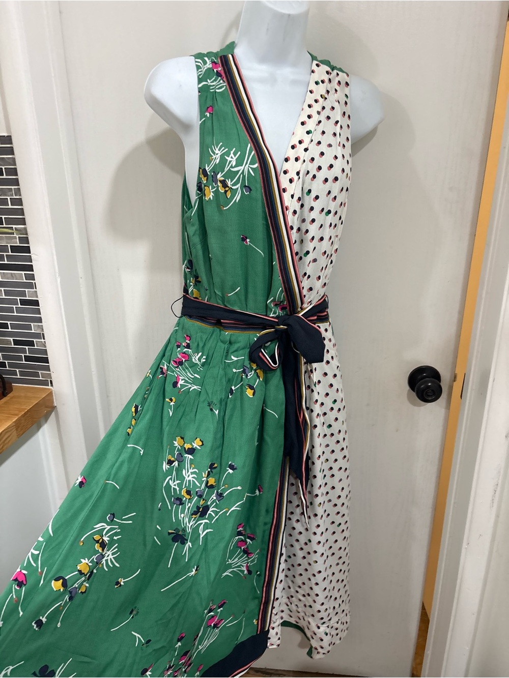 Maeve Anthropologie bohemian Green & Cream Floral Wrap Dress with Polka Dot Pane - Picture 3 of 8
